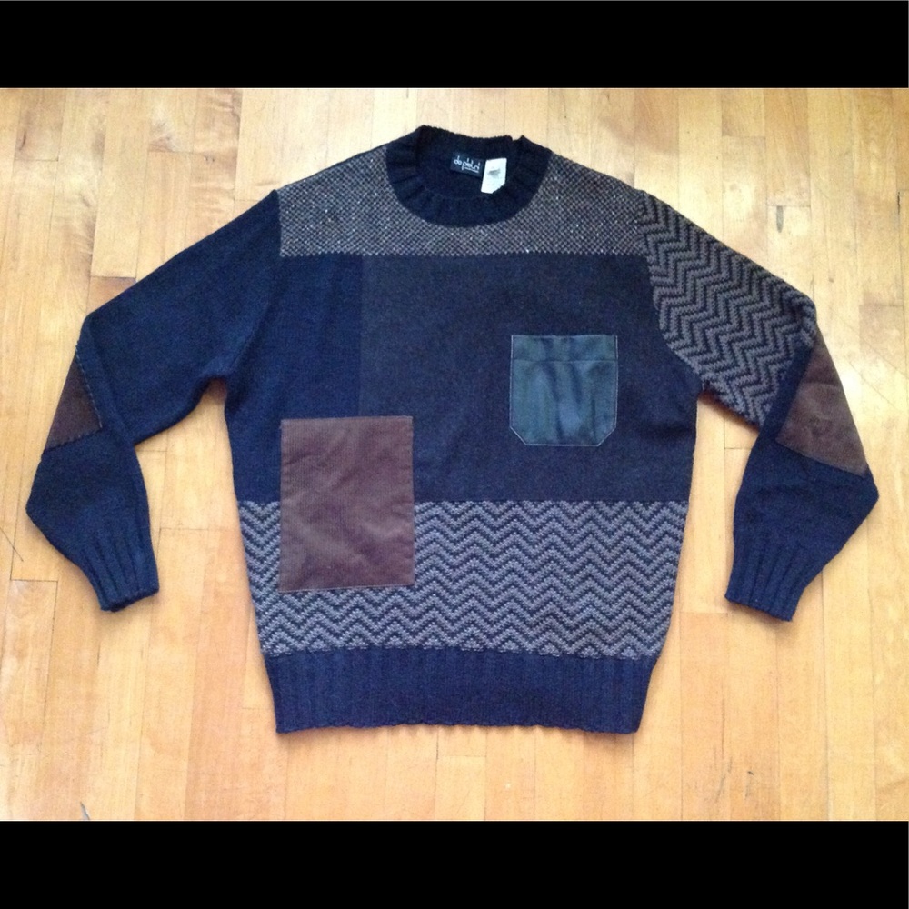 De Pietri Men's XL Vintage Brown Patchwork Sweater Alpaca Wool Mix Italy